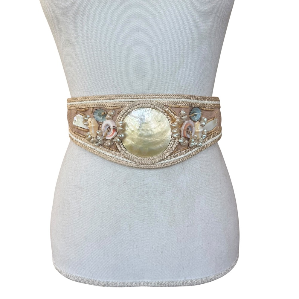 RJ Graziano Leather Wrap Belt Mother of Pearl Shell Beaded Boho Tan Statement